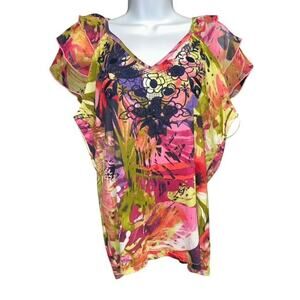 Caribbean Joe XL Top Pink Embroidered Floral Lightweight Layered Sheer Sleeves